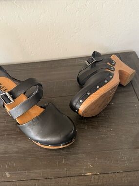 Kork-Ease Black Leather Studded Clog Sandals with Buckle Straps
